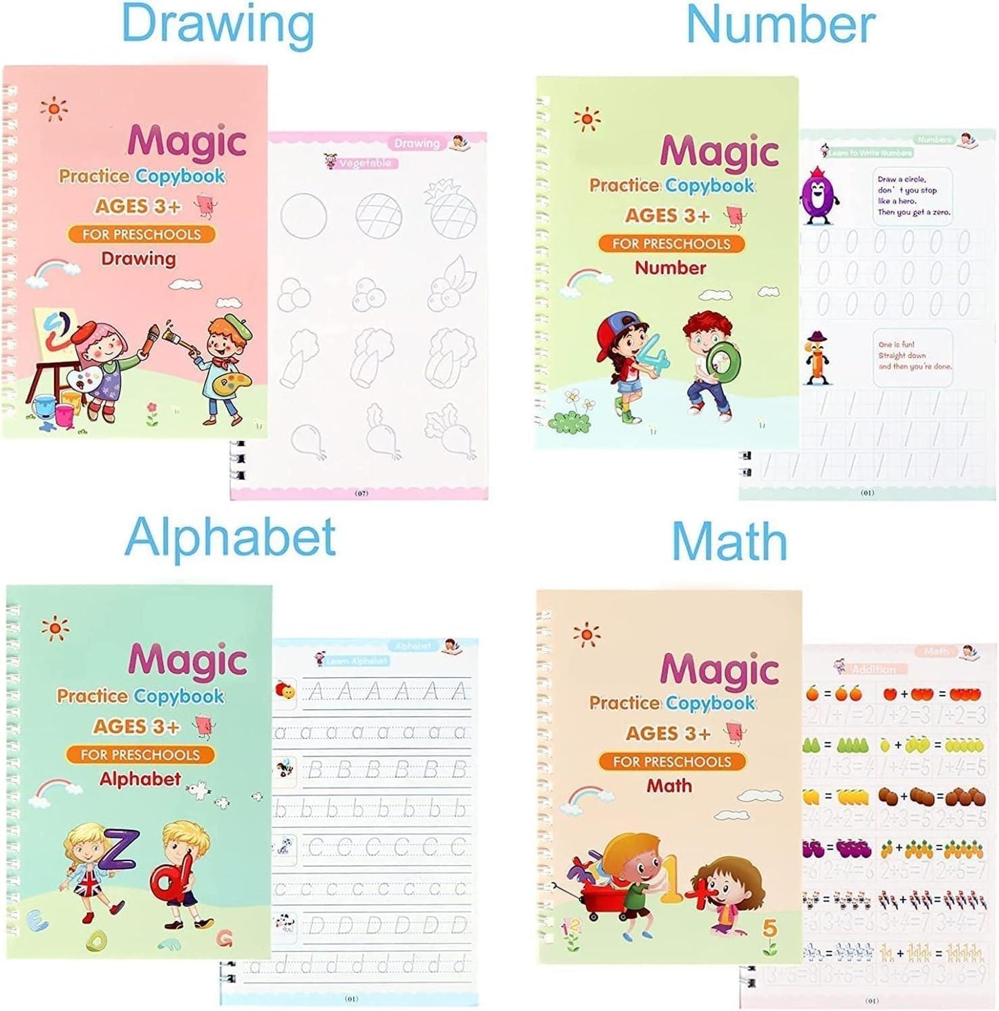 ✨Magic Practice Copybook📚 (4 Book + 1 Pen+ 10 Refill +1 Grip)✍